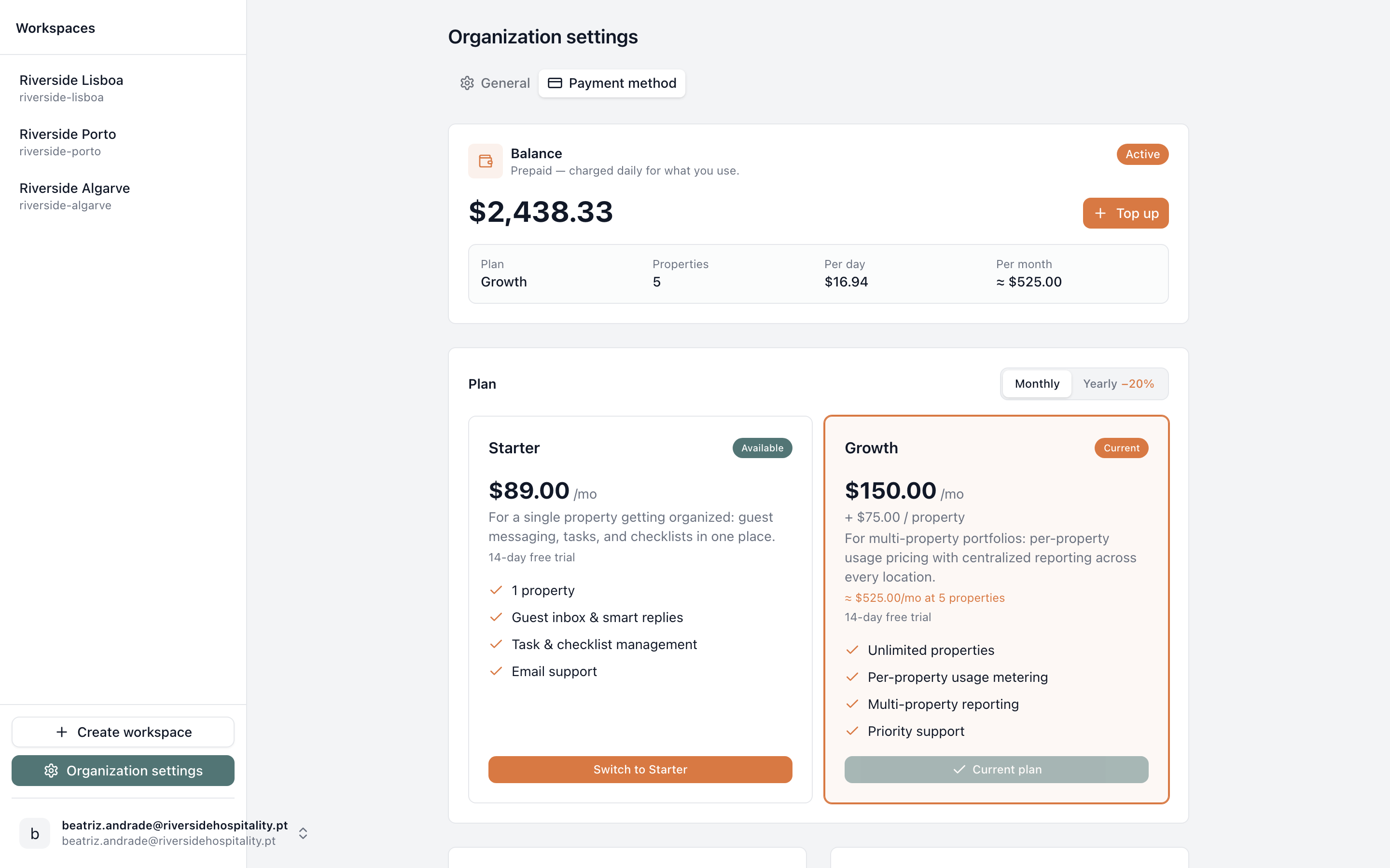 Balance and plans screenshot